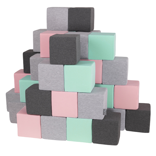 KiddyMoon Blocs Souples Jouets pour Bébé Mousse Squeeze Jouer Jouet Éducatif, cubes: gris clair/gris foncé/rose/menthe, 48 Pieces