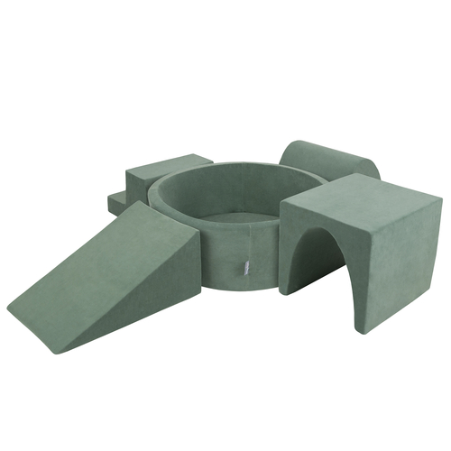 KiddyMoon Aire Velvet De Jeux en Mousse avec Rond Piscine à Balles pour Enfants, vert forêt: turquoise foncé/beige pastel/gris de vert/saumon, Piscine (300 Balles) + Version 3
