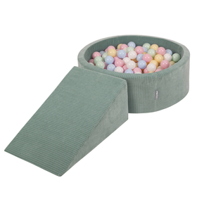 KiddyMoon Parcours Motricité En Mousse Avec Balles Enfants Favorise Créativité, Vert : bleu pastel/jaune pastel/blanc/menthe/rose poudré, Piscine (200 Balles) + Pente