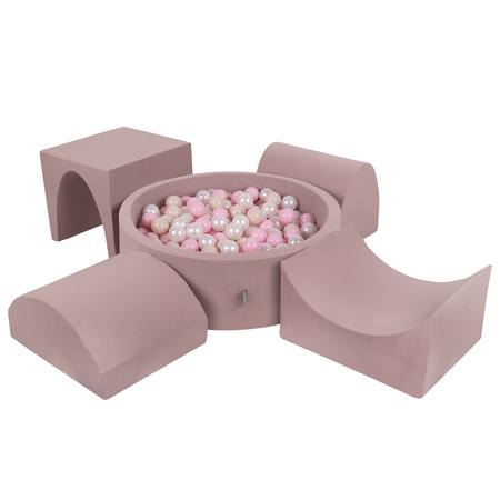 KiddyMoon Aire De Jeux en Mousse avec Rond Piscine à Balles pour Enfants, bruyère: beige pastel/rose poudré/perle, Piscine (200 Balles) + Version 1