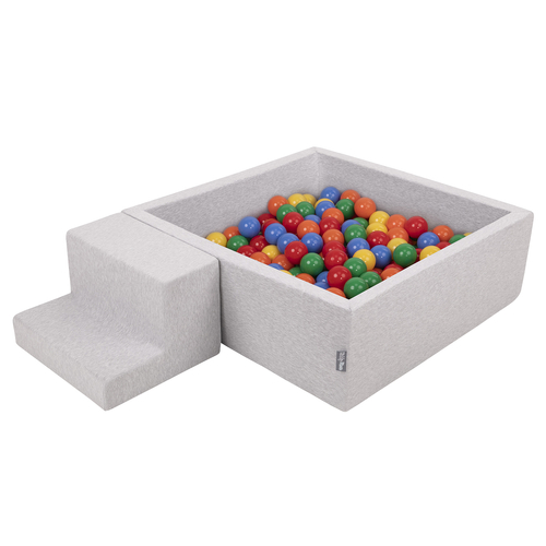 KiddyMoon Aire De Jeux en Mousse avec Carré Piscine À Balles pour Enfants, gris clair: jaune/vert/bleu/rouge/orange, Piscine (200 Balles)+ Marches