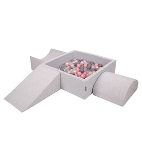 KiddyMoon Aire De Jeux en Mousse avec Carré Piscine À Balles pour Enfants, gris clair: perle/gris/transparent/rose poudré, Piscine (200 Balles) + Version 4