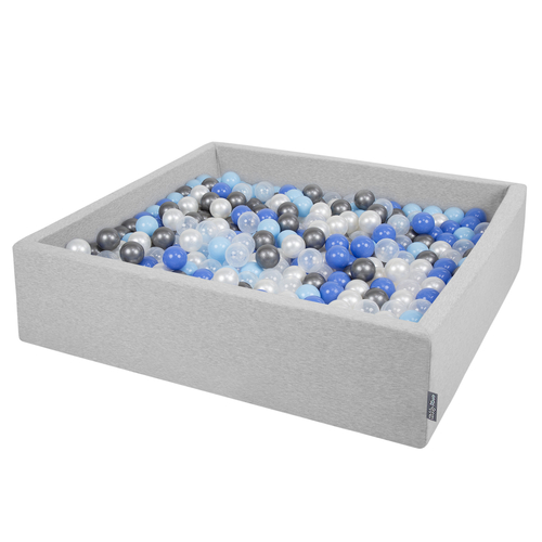 KiddyMoon Piscine À Balles Grande Carré pour Bébé, Fabriqué en UE, gris clair:perle-bleu-babyblue-transparent-argent, 120x30cm/600 balles