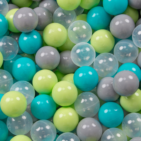 KiddyMoon Balles Colorées Plastique ∅7cm pour Piscine Enfant Bébé Fabriqué en EU, turquoise/vert clair/gris/transparent, 100 Balles/7cm