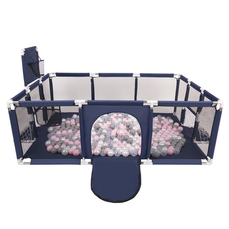 Parc Bébé avec Balles Plastiques Aire De Jeu Pliable Basket Football, Bleu foncé:perle/gris/transparent/rose poudré, 900 balles