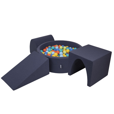 KiddyMoon Aire De Jeux en Mousse avec Rond Piscine à Balles pour Enfants, bleu foncé:vertClr/orange/turq/bleu/babybl/jaune, Piscine (300 Balles) + Version 2