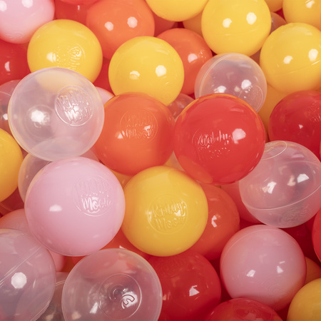 KiddyMoon Balles pour Piscine Colorées ∅6cm Plastique Enfant Bébé Fabriqué en EU, transparent/jaune/rose poudré/orange/rouge, 100 Balles/6cm