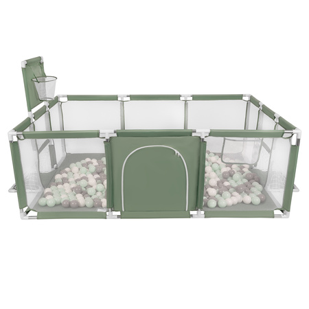 Parc Bébé avec Balles Plastiques Aire De Jeu Pliable Basket Football, vert : blanc/gris/menthe, 100 balles