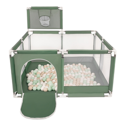 parc bébé avec balles plastiques aire de jeu pliable basket, vert : beige pastel/blanc/menthe, 400 balles