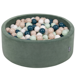 KiddyMoon Velours Piscine à Balles ∅7Cm pour Bébé Rond Fabriqué en EU, vert forêt: turquoise foncé/beige pastel/blanc/menthe, 90x30cm/200 Balles