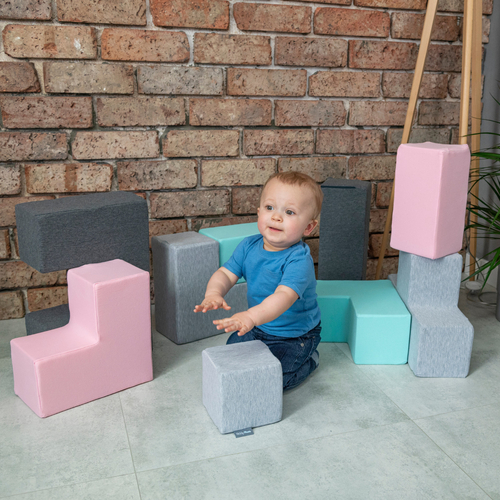 KiddyMoon blocs mous pour bébé cubes de construction en mousse, mix: gris clair/girs foncé/rose/menthe, 9 Pieces