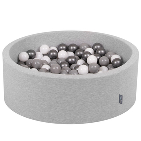 KiddyMoon Piscine à Balles ∅ 7Cm pour Bébé Rond Fabriqué En UE, gris clair:blanc/gris/argenté, 90x30cm/200 balles
