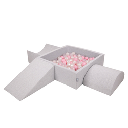 KiddyMoon Aire De Jeux en Mousse avec Carré Piscine À Balles pour Enfants, gris clair: rose poudré/perle/transparent, Piscine (200 Balles) + Version 4