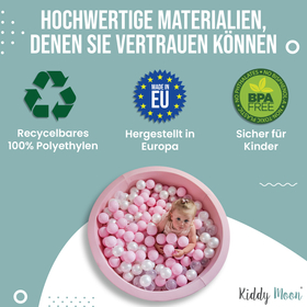 KiddyMoon Balles Colorées Plastique ∅7cm pour Piscine Enfant Bébé Fabriqué en EU, rose poudré/perle/or, 200 Balles/7cm