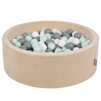 KiddyMoon Velours Piscine à Balles ∅7Cm pour Bébé Rond Fabriqué en EU, beige sableux: blanc/gris/menthe, 90x30cm/200 balles