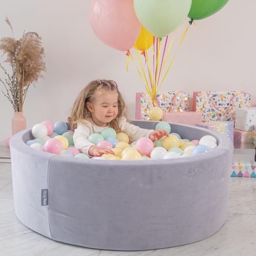 KiddyMoon Velours Piscine à Balles ∅7Cm pour Bébé Rond Fabriqué en EU, rose des sables: beige pastel/blanc/perle, 90x30cm/300 balles