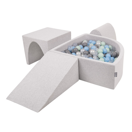 KiddyMoon Aire De Jeux en Mousse avec Quart Angulaire Piscine À Balles pour Bébé, gris clair: perle/gris/transparent/babyblue/menthe, Piscine (200 Balles) + Version 2
