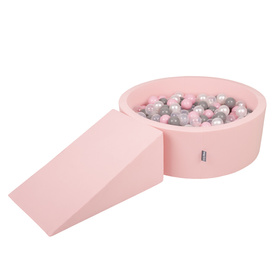 KiddyMoon Aire De Jeux en Mousse avec Rond Piscine à Balles pour Enfants, rose: perle/gris/transparent/rose poudré, Piscine (100 Balles)+ Pente