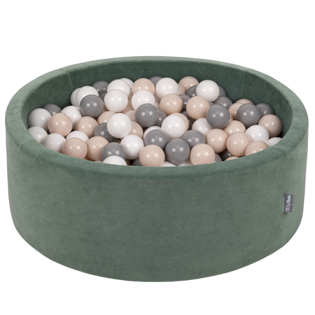 KiddyMoon Velours Piscine à Balles ∅7Cm pour Bébé Rond Fabriqué en EU, vert forêt: beige pastel/gris/blanc, 90x30cm/200 balles