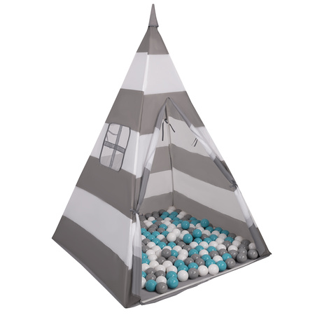 Tipi Tente de Jeu avec Balles Maison de Jeu pour Enfants, grises et blanches rayures:gris/blanc/turquoise, 100 Balles