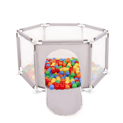 parc bébé hexagonal pliable avec balles plastiques, Gris:jaune/vert/bleu/rouge/orange, 200 balles