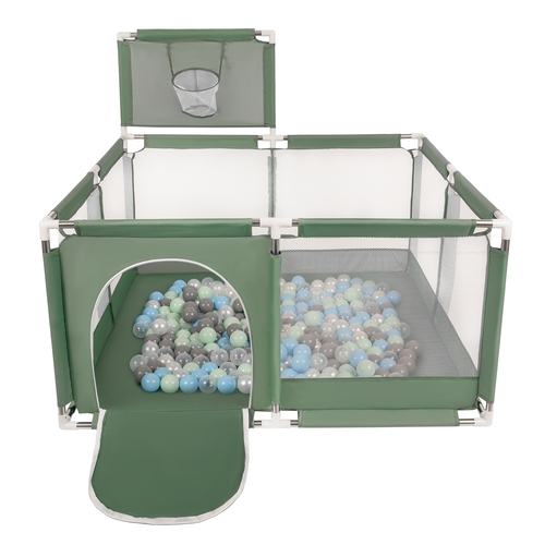 parc bébé avec balles plastiques aire de jeu pliable basket, vert : perle/gris/transparent/babyblue/menthe, 900 balles