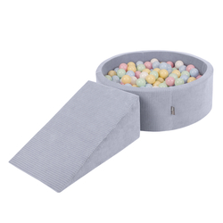 KiddyMoon Parcours Motricité En Mousse Avec Balles Enfants Favorise Créativité, Gris foncé : bleu pastel/jaune pastel/blanc/menthe/rose poudré, Piscine (200 Balles) + Pente