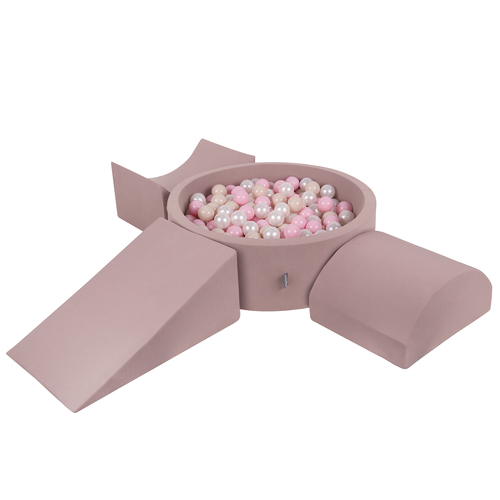 KiddyMoon Aire De Jeux en Mousse avec Rond Piscine à Balles pour Enfants, bruyère: beige pastel/rose poudré/perle, Piscine (300 Balles) + Version 4