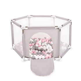 parc bébé hexagonal pliable avec balles plastiques, Gris:blanc/gris/rose poudré, 200 balles