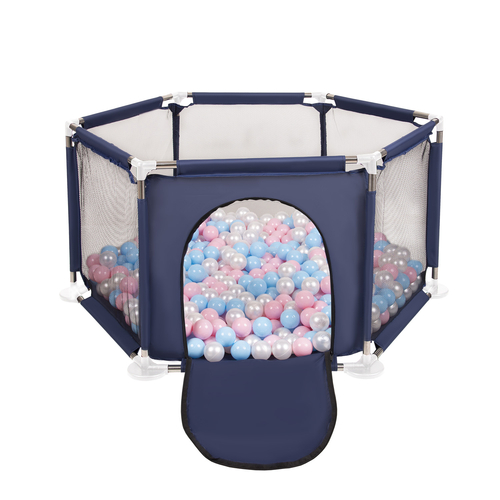 parc bébé hexagonal pliable avec balles plastiques, Bleu:babyblue/rose poudré/perle, 900 balles