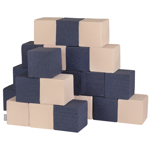 KiddyMoon Blocs Souples Jouets pour Bébé Mousse Squeeze Jouer Jouet Éducatif, cubes: bleu foncé/beige, 24 Pieces