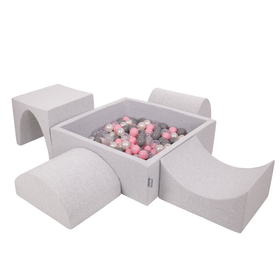 KiddyMoon Aire De Jeux en Mousse avec Carré Piscine À Balles pour Enfants, gris clair: perle/gris/transparent/rose poudré, Piscine (200 Balles) + Version 1