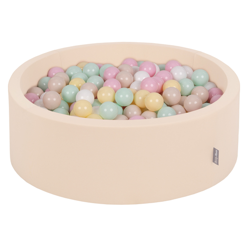 KiddyMoon piscine à balles ronde en mousse pour bébé et enfant, bassin sensoriel intérieur, housse lavable, inclus balles sécurisées, beige: beige pastel/jaune pastel/blanc/menthe/rose poudré, 90x30cm/200 balles