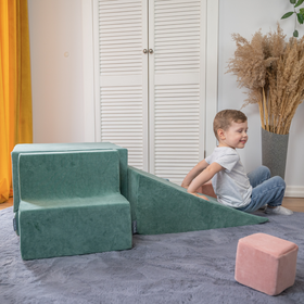 KiddyMoon Aire Velvet De Jeux en Mousse avec Rond Piscine à Balles pour Enfants, beige sableux: blanc/gris/menthe, Piscine (100 Balles)+ Pente