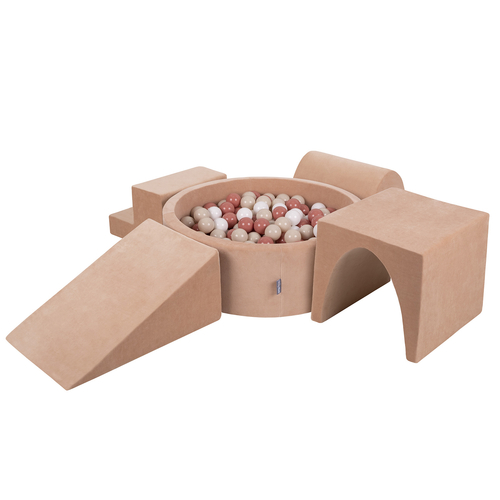 KiddyMoon Aire Velvet De Jeux en Mousse avec Rond Piscine à Balles pour Enfants, rose des sables: beige pastel/saumon/blanc, Piscine (200 Balles) + Version 3