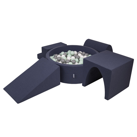 KiddyMoon Aire De Jeux en Mousse avec Rond Piscine à Balles pour Enfants, bleu foncé:blanc/gris/menthe, Piscine (200 Balles) + Version 3