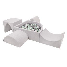 KiddyMoon Aire De Jeux en Mousse avec Quart Angulaire Piscine À Balles pour Bébé, gris clair: blanc/gris/menthe, Piscine (200 Balles) + Version 1
