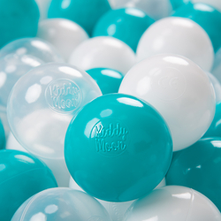 KiddyMoon Balles Colorées Plastique ∅7cm pour Piscine Enfant Bébé Fabriqué en EU, turquoise/transparent/blanc, 100 Balles/7cm