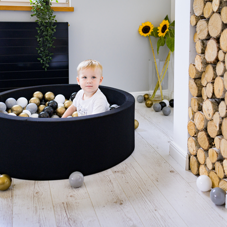 KiddyMoon Piscine à Balles ∅ 7Cm pour Bébé Rond Fabriqué En UE, ballon de basket-ball: noir/orange, 90x30cm/200 balles