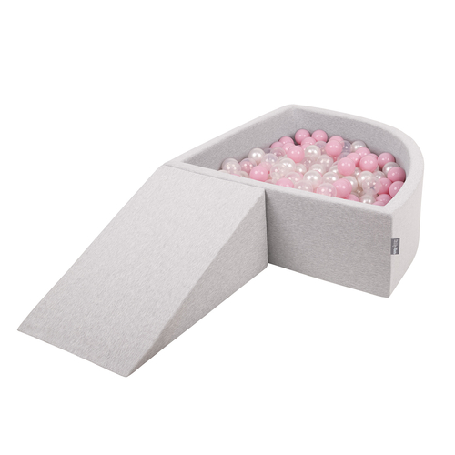 KiddyMoon Aire De Jeux en Mousse avec Quart Angulaire Piscine À Balles pour Bébé, gris clair: rose poudré/perle/transparent, Piscine (100 Balles)+ Pente