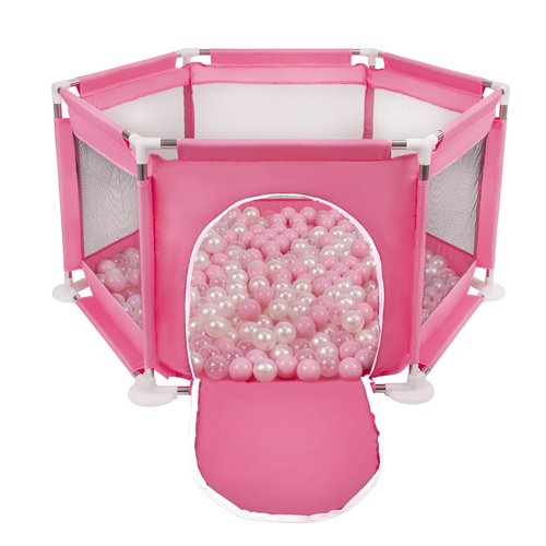 parc bébé hexagonal pliable avec balles plastiques, Rose:rose poudré/perle/transparent, 400 balles