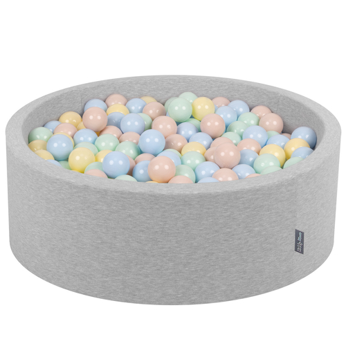 KiddyMoon Piscine à Balles ∅ 7Cm pour Bébé Rond Fabriqué En UE, gris clair:beige pastel/bleu pastel/jaune pastel/menthe, 90x30cm/200 Balles