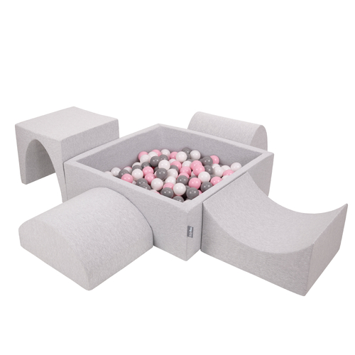 KiddyMoon Aire De Jeux en Mousse avec Carré Piscine À Balles pour Enfants, gris clair: blanc/gris/rose poudré, Piscine (300 Balles) + Version 1