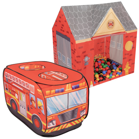 Tente De Jeu Pompier pour Enfants Set De Jeu Camion Et Caserne De Pompiers Pour Enfants Avec Boules Pliables Intérieures Extérieures Jeu Coopératif Sensoriel Montessori, rouge : noir-jaune-bleu-rouge-vert, 100 balles