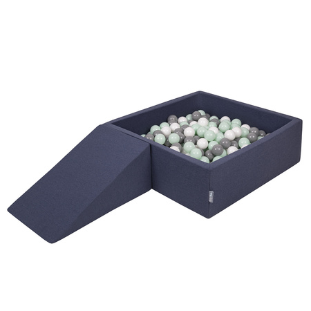 KiddyMoon Aire De Jeux en Mousse avec Carré Piscine À Balles pour Enfants, bleu foncé:blanc/gris/menthe, Piscine (100 Balles)+ Pente