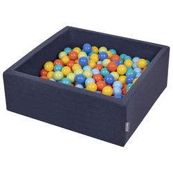KiddyMoon Piscine à Balles ∅ 7Cm pour Bébé Carré Fabriqué En UE, bleu foncé:v clair/jaune/turq/orange/rose/violet, 90x30cm/200 balles