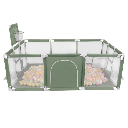 Parc Bébé avec Balles Plastiques Aire De Jeu Pliable Basket Football, vert : beige pastel/jaune pastel/blanc/menthe/rose poudré, 200 balles