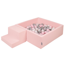 KiddyMoon Aire De Jeux en Mousse avec Carré Piscine À Balles pour Enfants, rose:perle/gris/transparent/rose poudré, Piscine (200 Balles)+ Marches