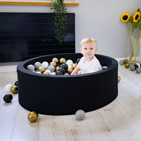 KiddyMoon Piscine à Balles ∅ 7Cm pour Bébé Rond Fabriqué En UE, noir: blanc/gris/noir/or, 90x30cm/200 balles