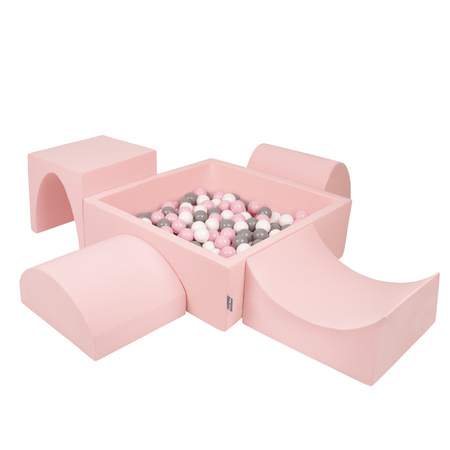 KiddyMoon Aire De Jeux en Mousse avec Carré Piscine À Balles pour Enfants, rose:blanc/gris/rose poudré, Piscine (200 Balles) + Version 1